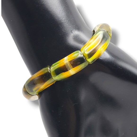 Vintage Art Glass Bead Stretch Bracelet Olive Green Marigold Yellow Clear Stripe - Picture 3 of 7